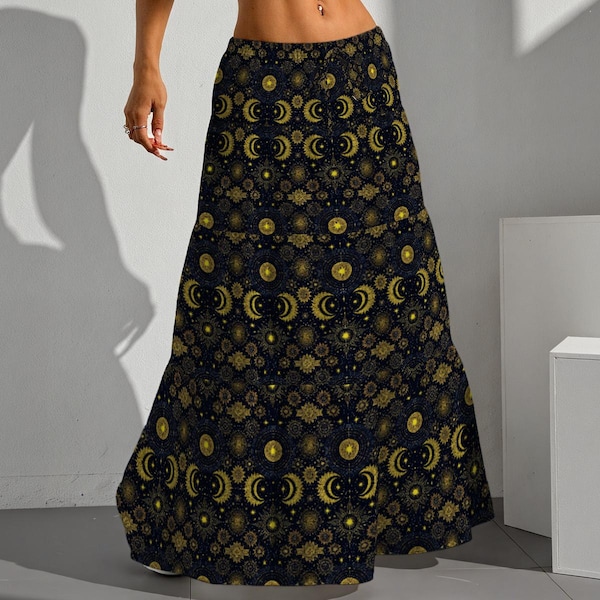 Celestial Maxi Skirt | Moon and Sun Long Skirt | Gothic Boho Skirt | Witchy Black and Gold Skirt | Tiered Pleated Skirt | Cottagecore