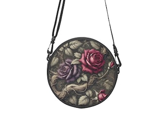 Gothic Roses Round Satchel: Arc-Shaped Canvas Crossbody Bag