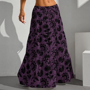 Paarse gotische damast maxirok: boho hippieplooirok