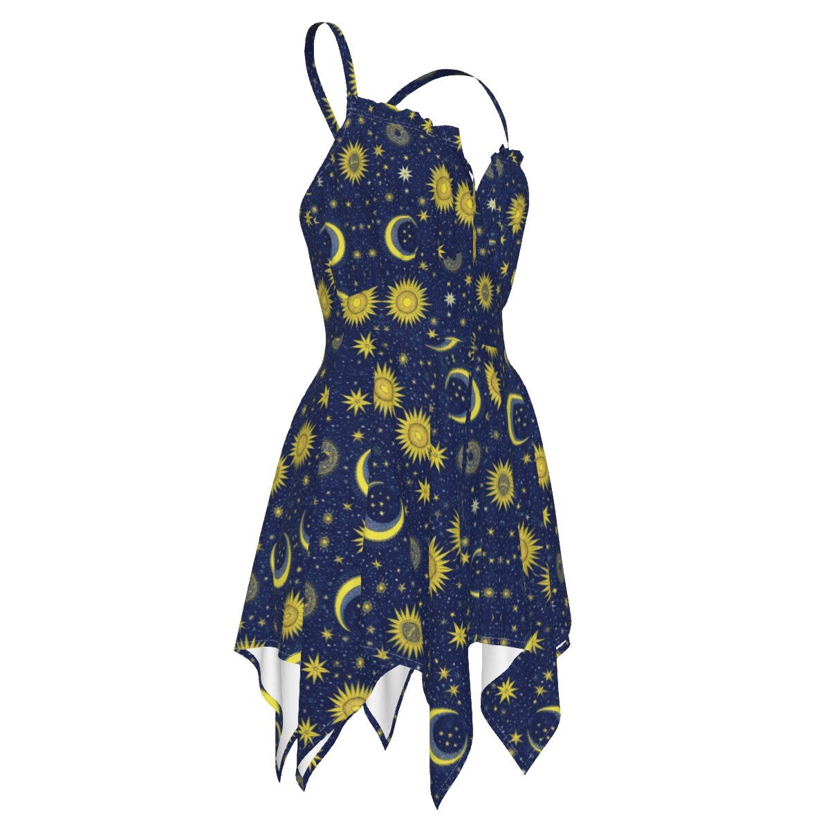 Celestial Blue Slip Dress With Sun, Moon, and Stars - Witchy, Boho, Cottagecore Fashion