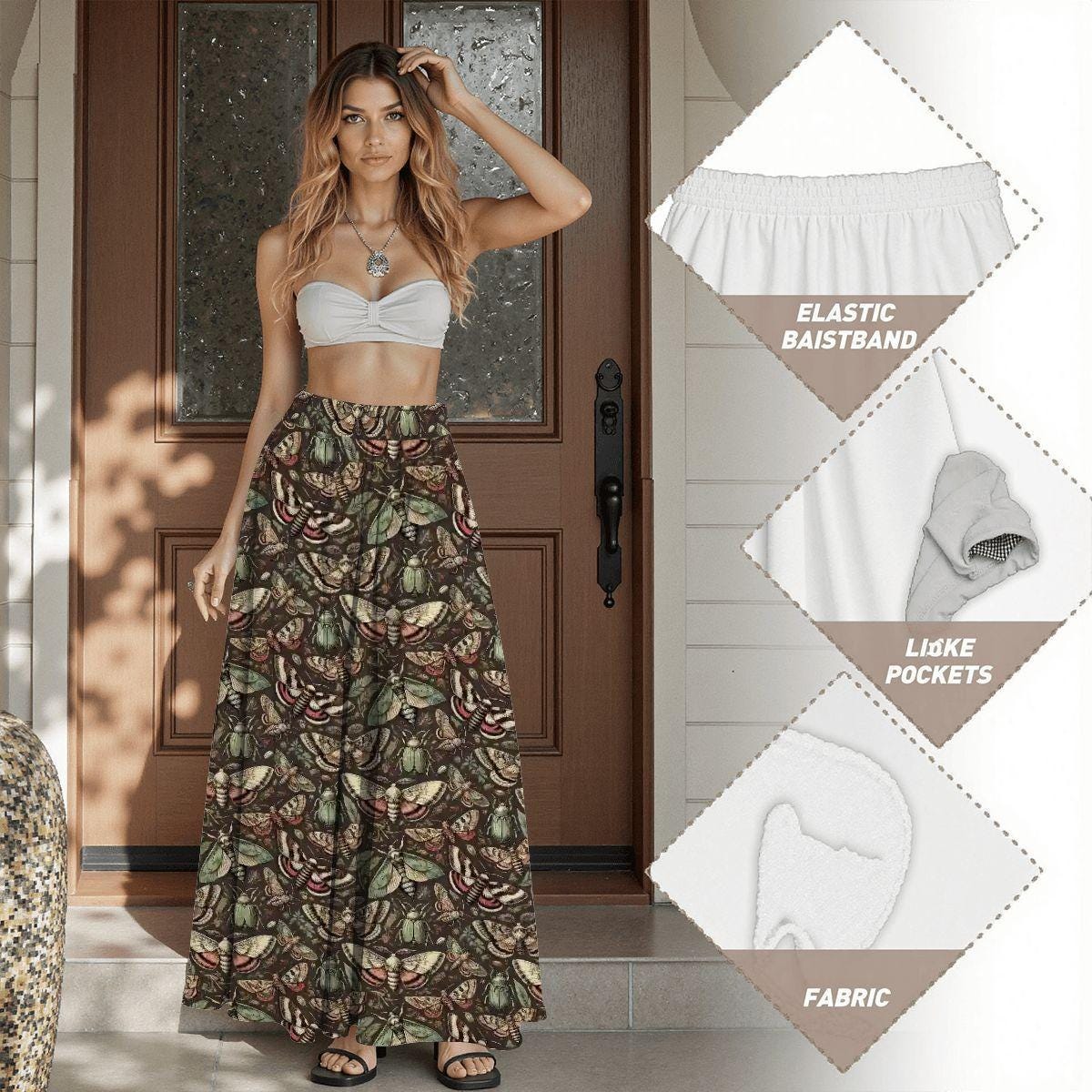 Gothic Bugs and Moths Midi Skirt: Witchcore Pleated Skirt With