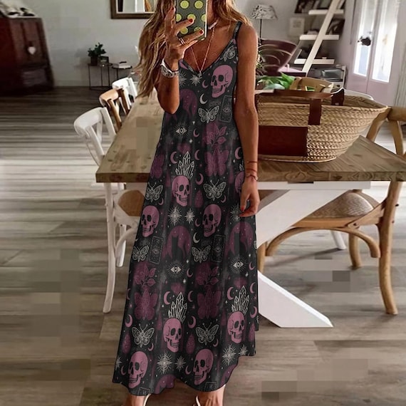 open lace back dress Skulls And Purple Sleeveless Dress  Grim Haven Clothing