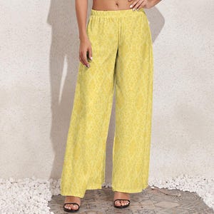 Butter Gelbe Damast Palazzo Hose: Boho Hose mit hoher Taille