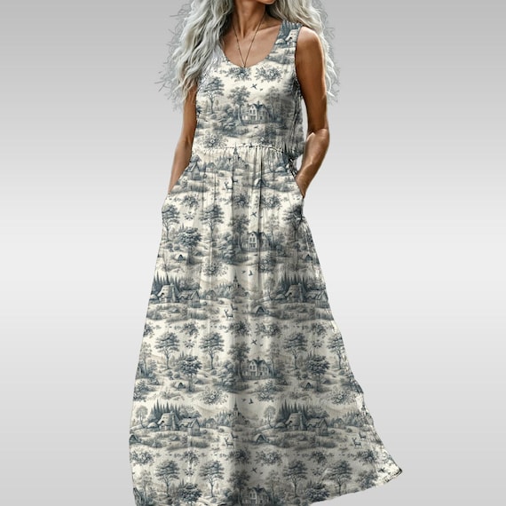 Grey Toile Maxi Dress, Sleeveless French Country Cottagecore Dress