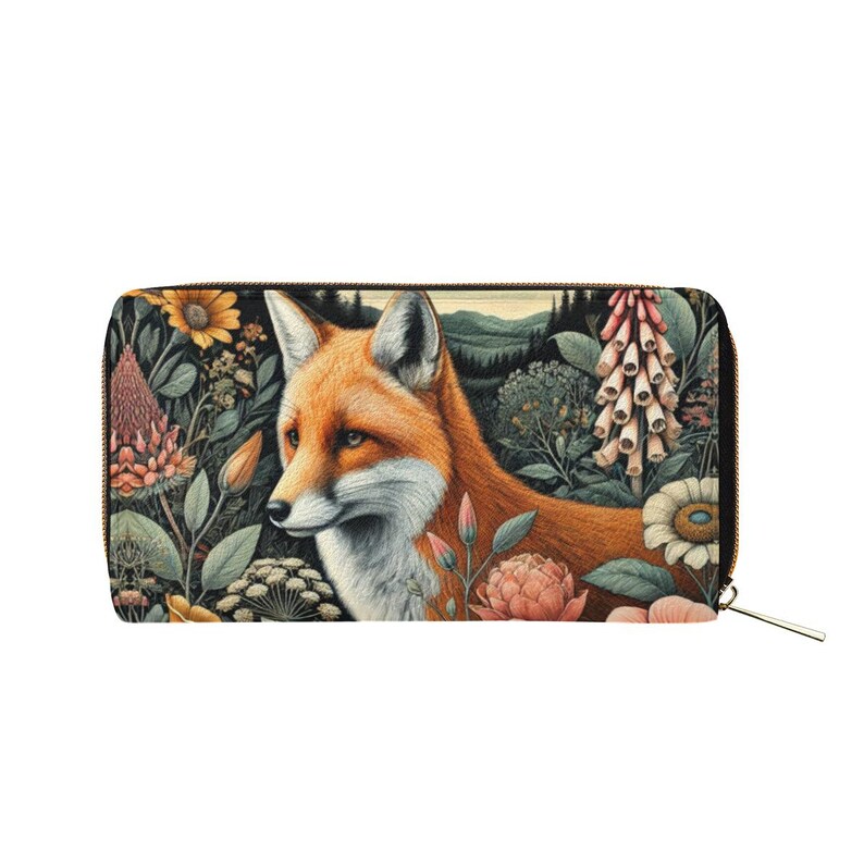 Fuchs und Botanische PU-Leder Geldbörse, Cottagecore Floral Zip Geldbörse Bild 4
