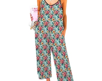 Floral Wide Leg Jumpsuit: Women's Spaghetti Strap Romper, Soft Loungewear