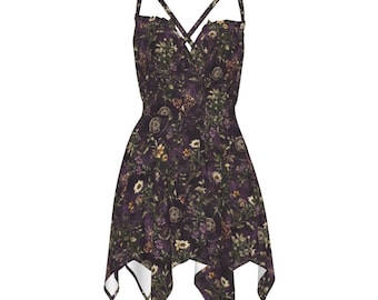 Witch's Garden Slip Dress: Gothic Floral Handkerchief Hem