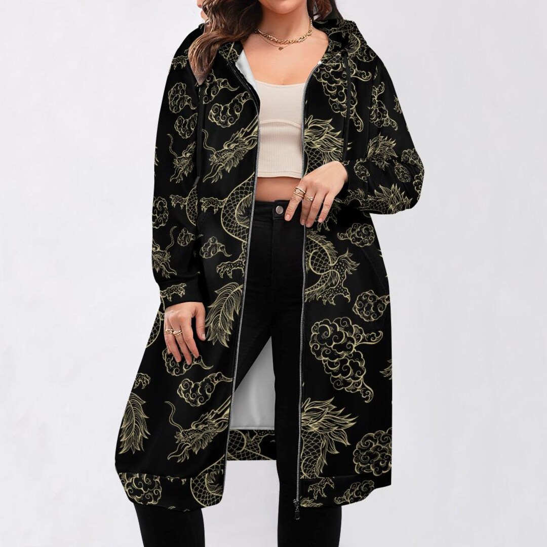 Black Dragon Print Long Hoodie: Gothic Zip-up Dress - Etsy Israel