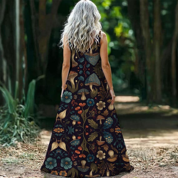 Mushroom Print Maxi Dress: Sleeveless Cottagecore Fairycore Gown
