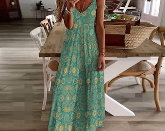 Aqua Paisley Sun Boho Maxi Sun Dress | Sling Ankle Long Dress