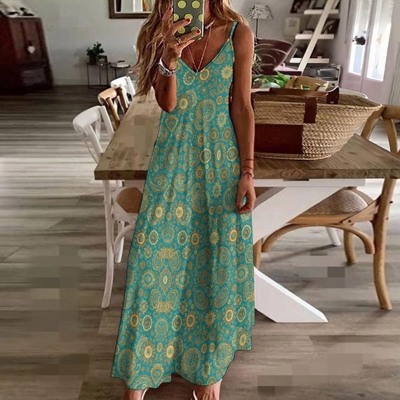 Aqua Paisley Boho Maxi Dress: Sling Ankle-Length Sundress