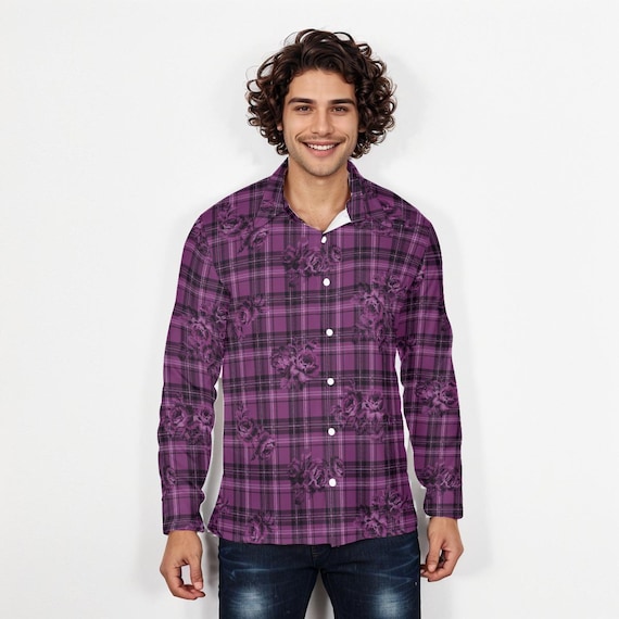 fitted lace wedding dress Men's Purple Embroidered Western Cowboy Shirt with Pearl Snaps – Leyoma