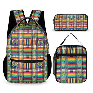 Rainbow Plaid 3-Piece Backpack Set: Durable Twill School Bag