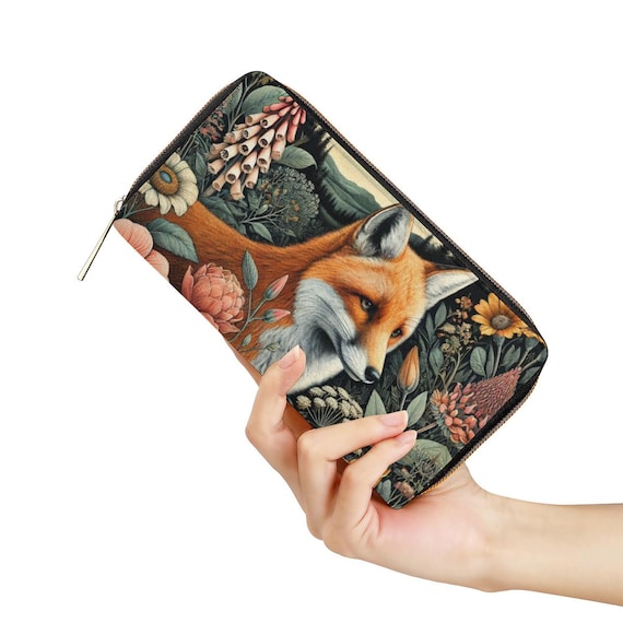 Fox and Botanical PU Leather Wallet, Cottagecore Floral Zip Purse