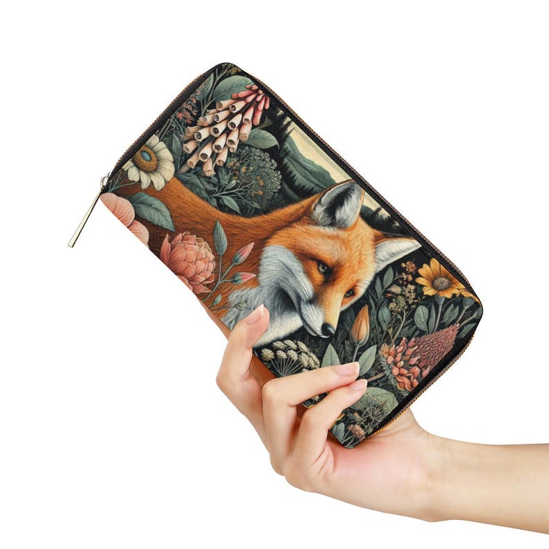 Fuchs und Botanische PU-Leder Geldbörse, Cottagecore Floral Zip Geldbörse Bild 1