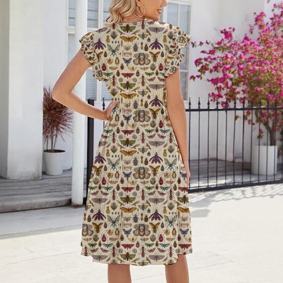 brown tiny yard butterfly midi dress Insect Print Dress: Cottagecore Milk Silk Summer 2026 Appliques Wedding Dresses The ASOS DESIGN Petite Fabric_Printed Fabric Color:bronze orange