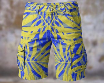 Men's Tropical Leaf Print Cargo Shorts: Yellow & Blue Summer Casual