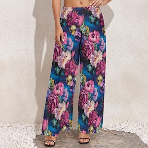 Vibrant and Bold Floral Wide Leg Pants - High Waist, Lightweight, Comfortable Summer Fashion