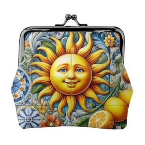 Celestial Sun Lemon Tile Coin Purse, Mediterranean Majolica Pouch (4.5" x 4.1")