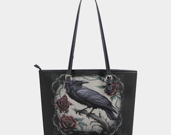 Gothic Raven Rose Tote Bag | Witchcore PU Leather Shoulder Bag