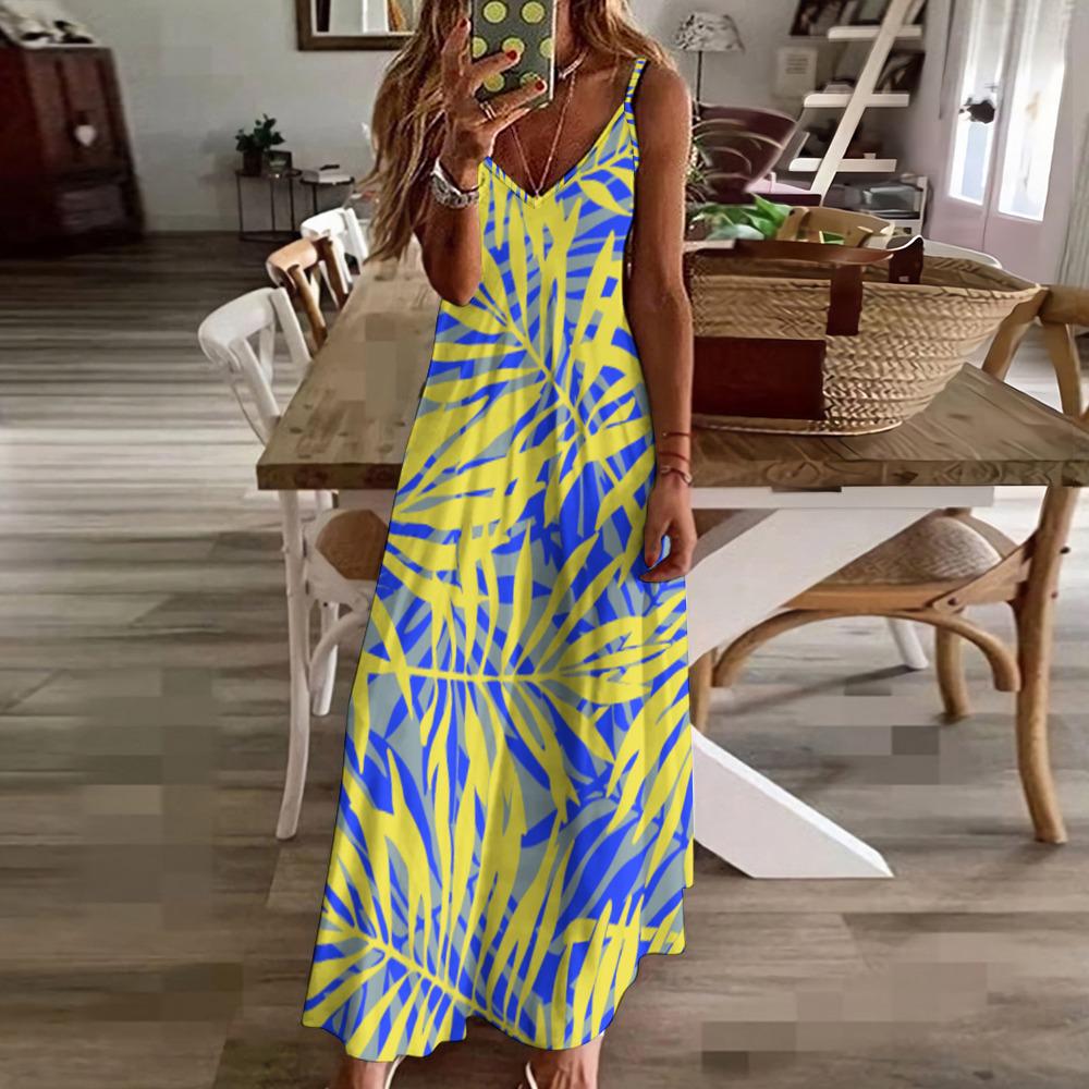 Yellow Blue Palm Print Maxi Dress, Tropical Beach Sundress Yellow Blue Palm Print Maxi Dress, Tropical Beach Sundress