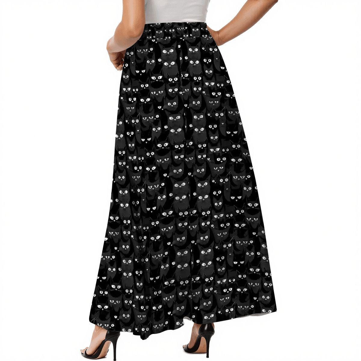 Black Cats Midi Skirt: High Waist Pleated A-line, Gothic Halloween