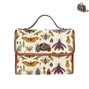 Vintage Insect moth oddities Print Waterproof Canvas Bag, Cottagecore Messenger Bag, Entomology Purse, Adjustable Strap, Crossbody Handbag