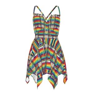 May include: A colourful, rainbow-striped dress with a criss-cross strap design and a flowing, asymmetrical hemline.