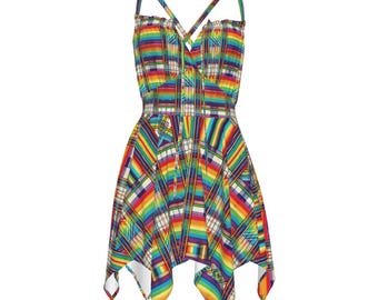 May include: A colorful, rainbow-striped dress with a criss-cross strap design and a flowing, asymmetrical hemline.