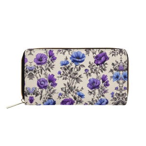 Monedero con flores azules y moradas: una billetera elegante y portátil
