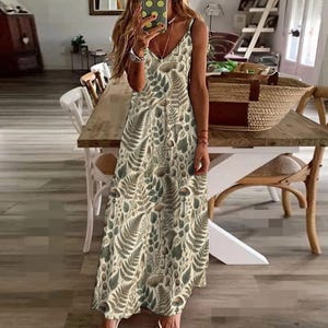 Fern & Mushroom Print Sling Dress: Cottagecore Ankle Length Gown