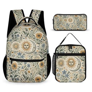 Sun & Moon Backpack Set: Y2K Floral Witchy School Travel Bag