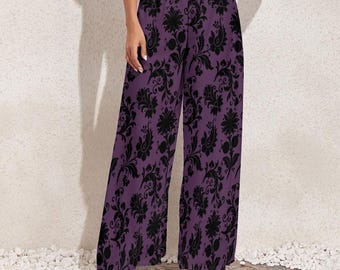 パープルゴシックダマスク柄ワイドレッグパンツ：ハイウエストバケーションパンツ