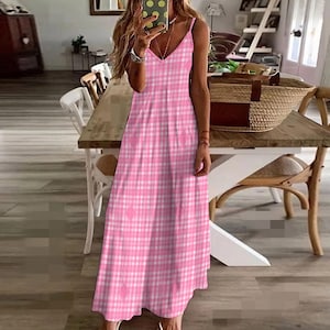 Rosa Vichykaro Maxikleid | Ärmelloses Sling Knöchellanges Sommerkleid | Weiches, dehnbares Cottagecore-Outfit | Leichtes Freizeitkleid für Frauen