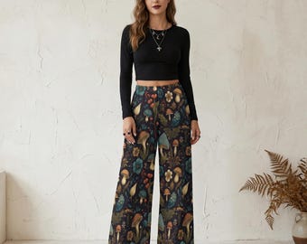 Mushroom Witchy Cottagecore Boho Women's Wide Leg Pants - High Waist Casual Summer Pants