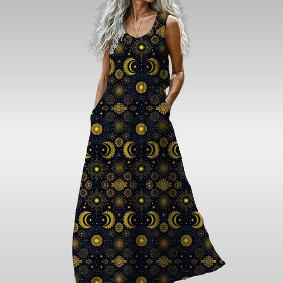 black and gold boho dress Womens Golden Foiled Crinkle Detail Dress| Boho Inspired Inclusive Outfits Black / S Black *Women's Dresses Cocktail Dresses Hayden Los Angeles main image 1