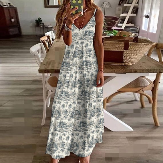 Toile de Jouy Countryside Sling Ankle Long Dress | Elegant Summer Maxi Dress Toile de Jouy Countryside Sling Ankle Long Dress | Elegant Summer Maxi Dress
