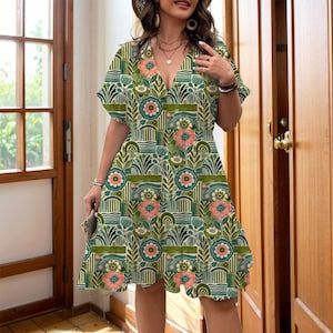 Retro Floral V-Neck Dress: Cottagecore A-Line Summer Dress