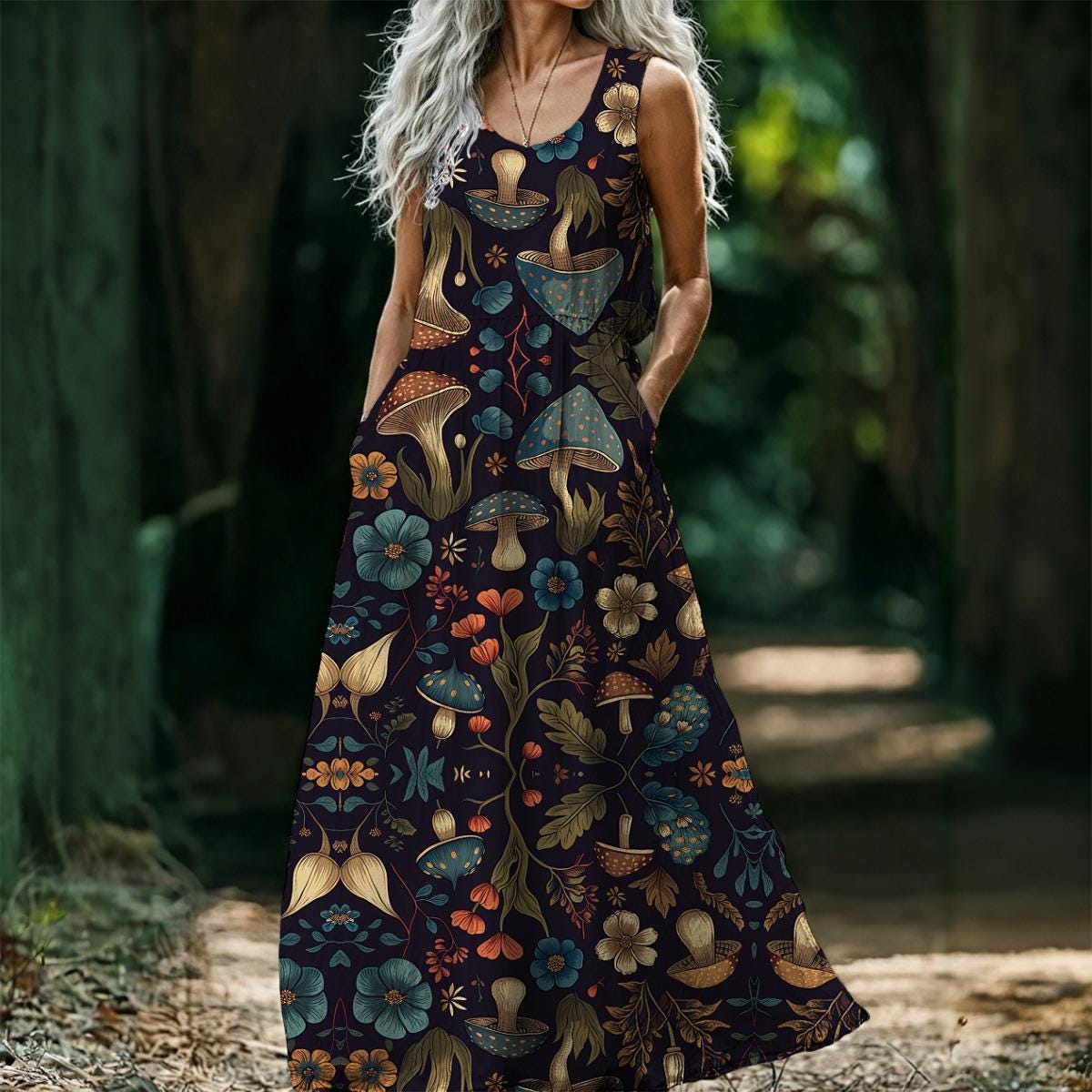Mushroom Print Maxi Dress: Sleeveless Cottagecore Fairycore Gown