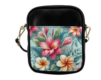 Plumeria Crossbody Sling Bag, Tropical Floral Vegan Leather Shoulder Purse, Hawaiian Flower Small Phone Bag, Beach Vacation Gift for Her