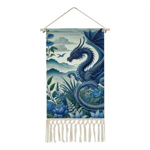 Blue Dragon Tapestry Wall Hanging: Cotton Linen Fantasy Banner 画像 1