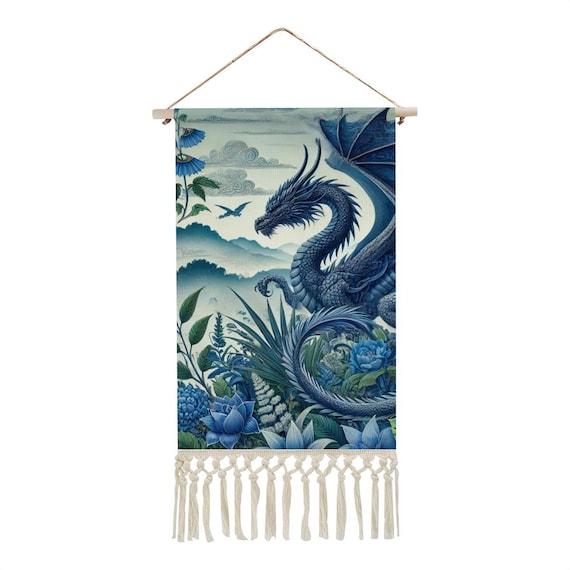 Blue Dragon Tapestry Wall Hanging: Cotton Linen Fantasy Banner