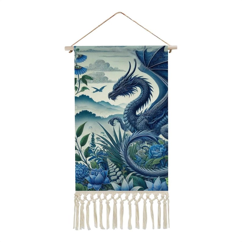 Blue Dragon Tapestry Wall Hanging: Cotton Linen Fantasy Banner 画像 1