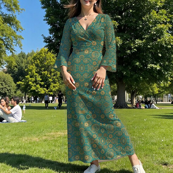 Green Paisley Maxi Dress: Milk Silk V-neck Long Sleeve Boho Gown - Etsy Green Paisley Maxi Dress: Milk Silk V-neck Long Sleeve Boho Gown - Etsy