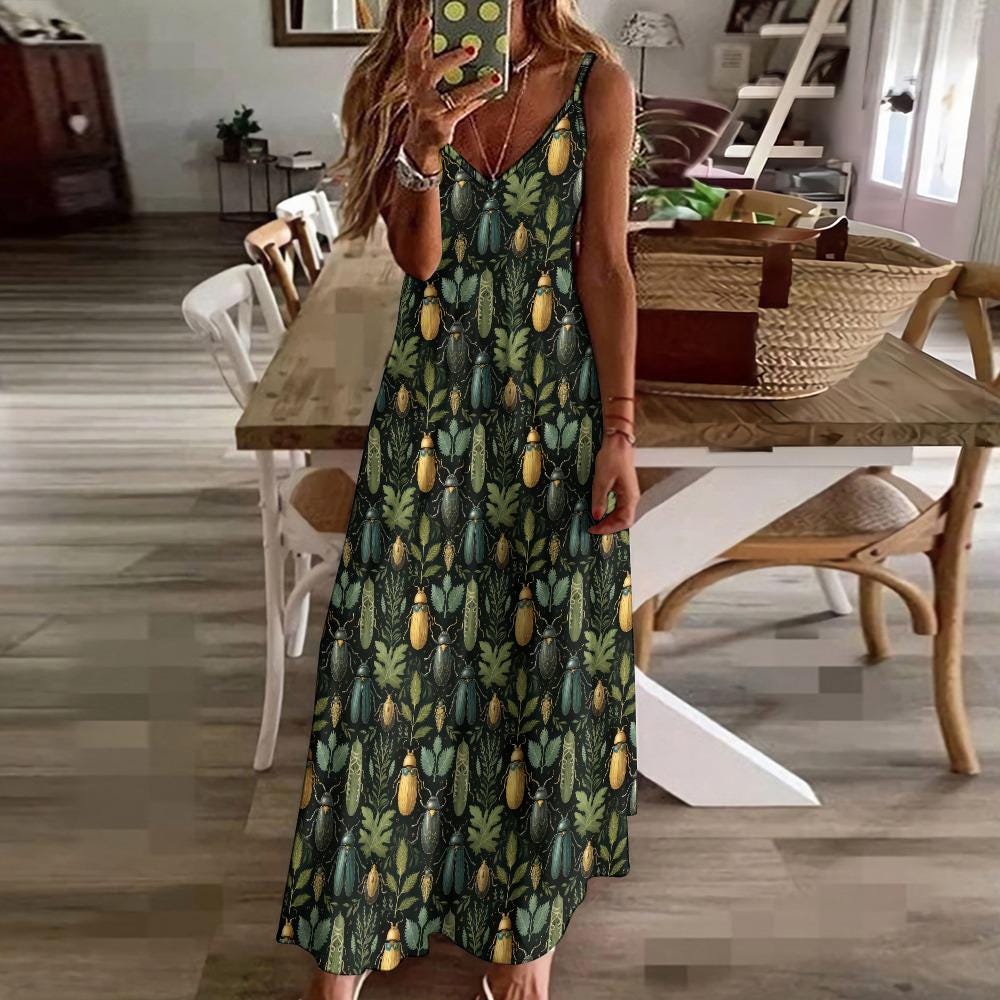 Beetle & Botanical Print Maxi Dress: Cottagecore Boho Style Beetle & Botanical Print Maxi Dress: Cottagecore Boho Style
