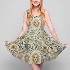 Boho Sun and Moon Skater Dress: Celestial A-Line Mini Dress