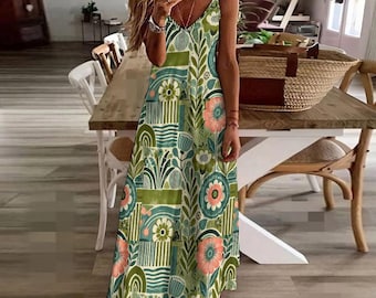 Vestido largo floral: vestido largo hasta el tobillo estilo bohemio moderno de mediados de siglo