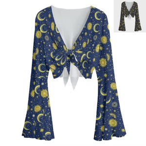 Sun & Moon Bluse - Krawatte vorne Glockenärmel Top, mystisches Netz, Plus Size