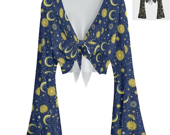 Sun & Moon Blouse – Tie Front Bell Sleeve Top, Mystical Mesh, Plus Size