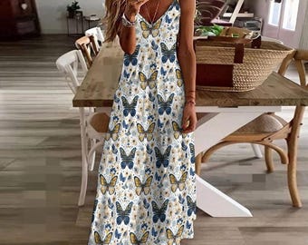 Vestido largo lencero con estampado de mariposas: estilo bohemio Golden Flutter